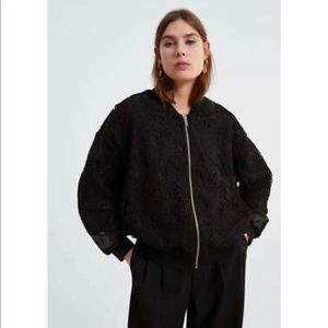 ZARA BLACK OVERSIZED BOMBER JACKET LACE/SHEER W RIBBED TRIM